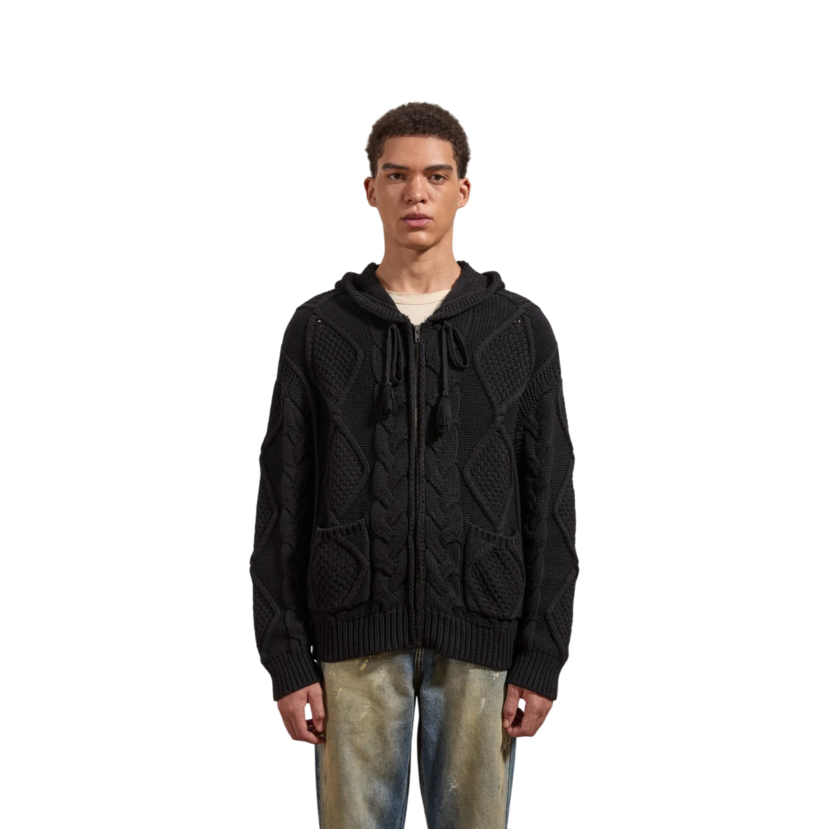 FOUND Zip Up Cable Knit Hoodie