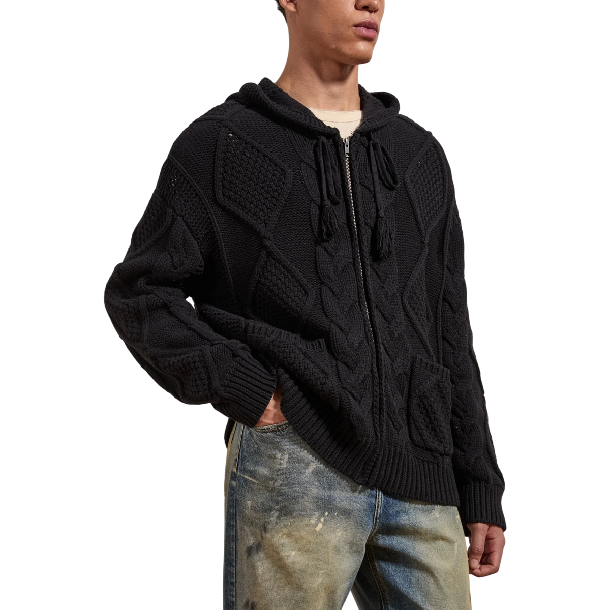 FOUND Zip Up Cable Knit Hoodie