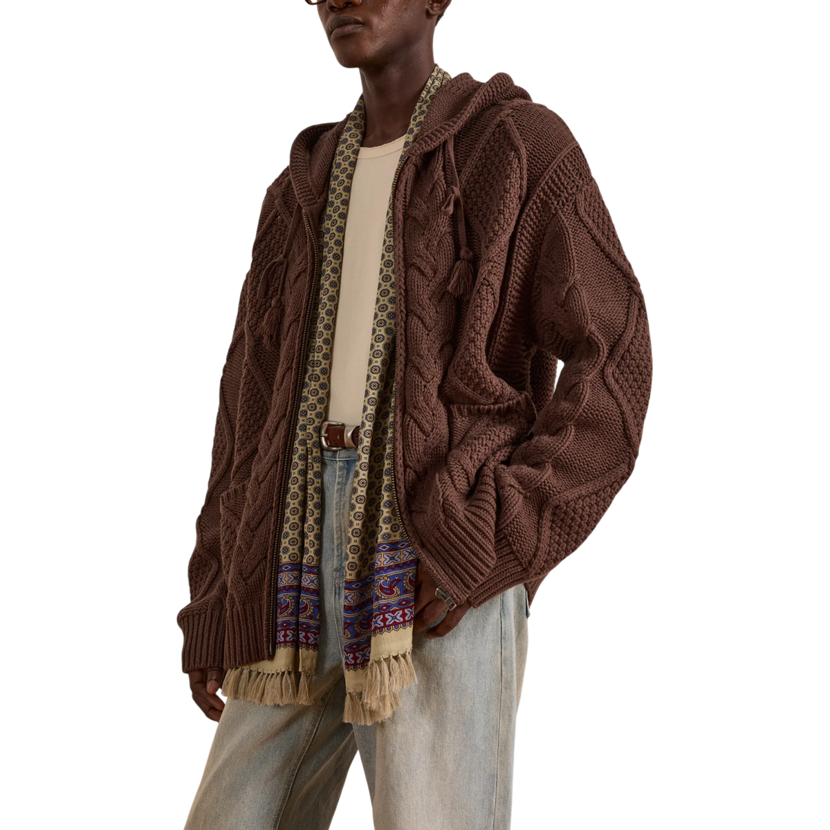 FOUND Zip Up Cable Knit Hoodie