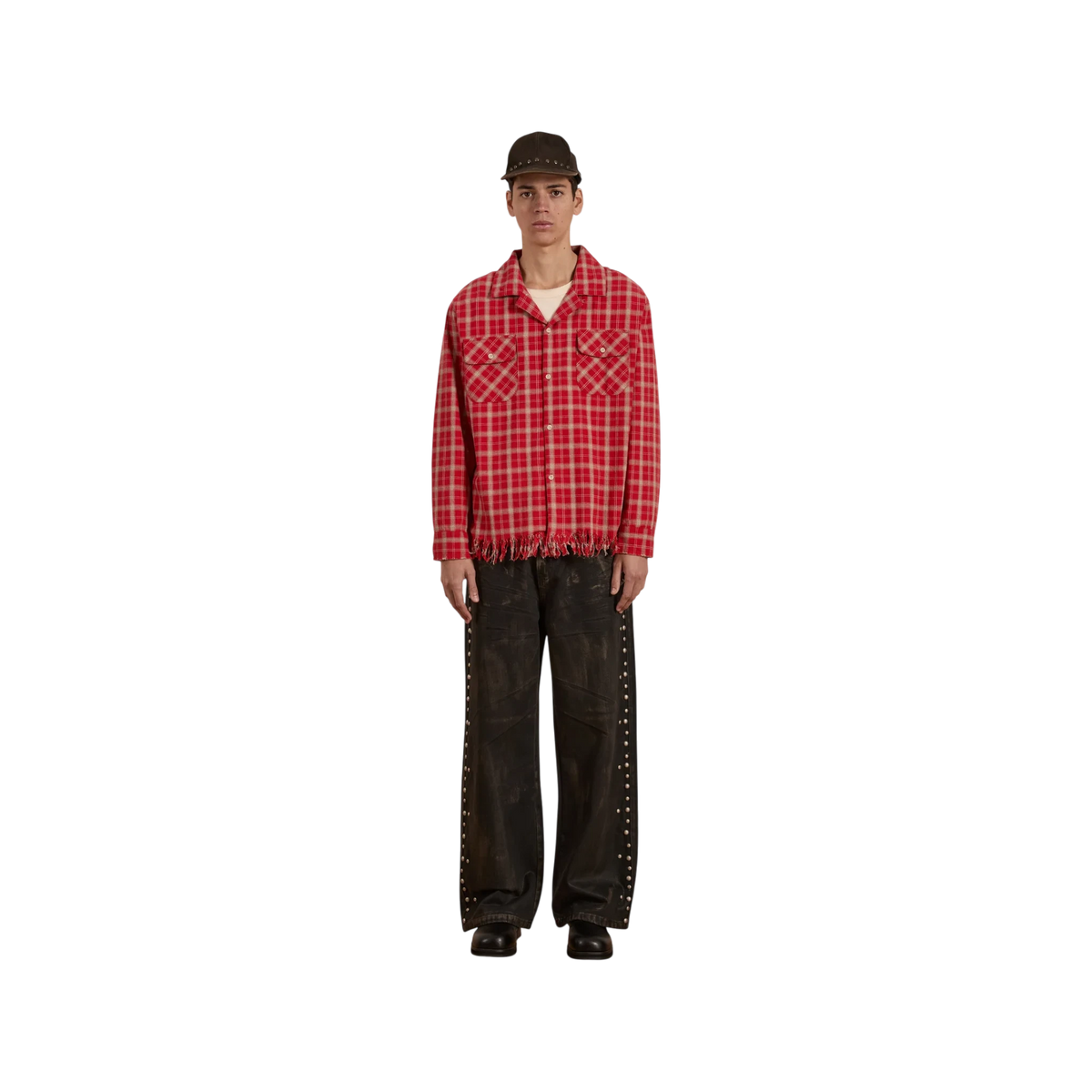 FOUND Raw Cut Fringe Plaid Camp Shirt