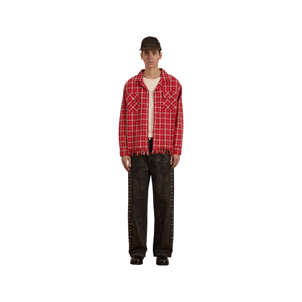 FOUND Raw Cut Fringe Plaid Camp Shirt