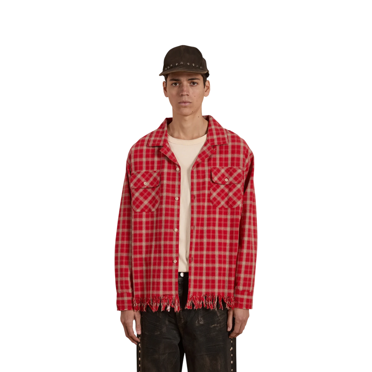FOUND Raw Cut Fringe Plaid Camp Shirt