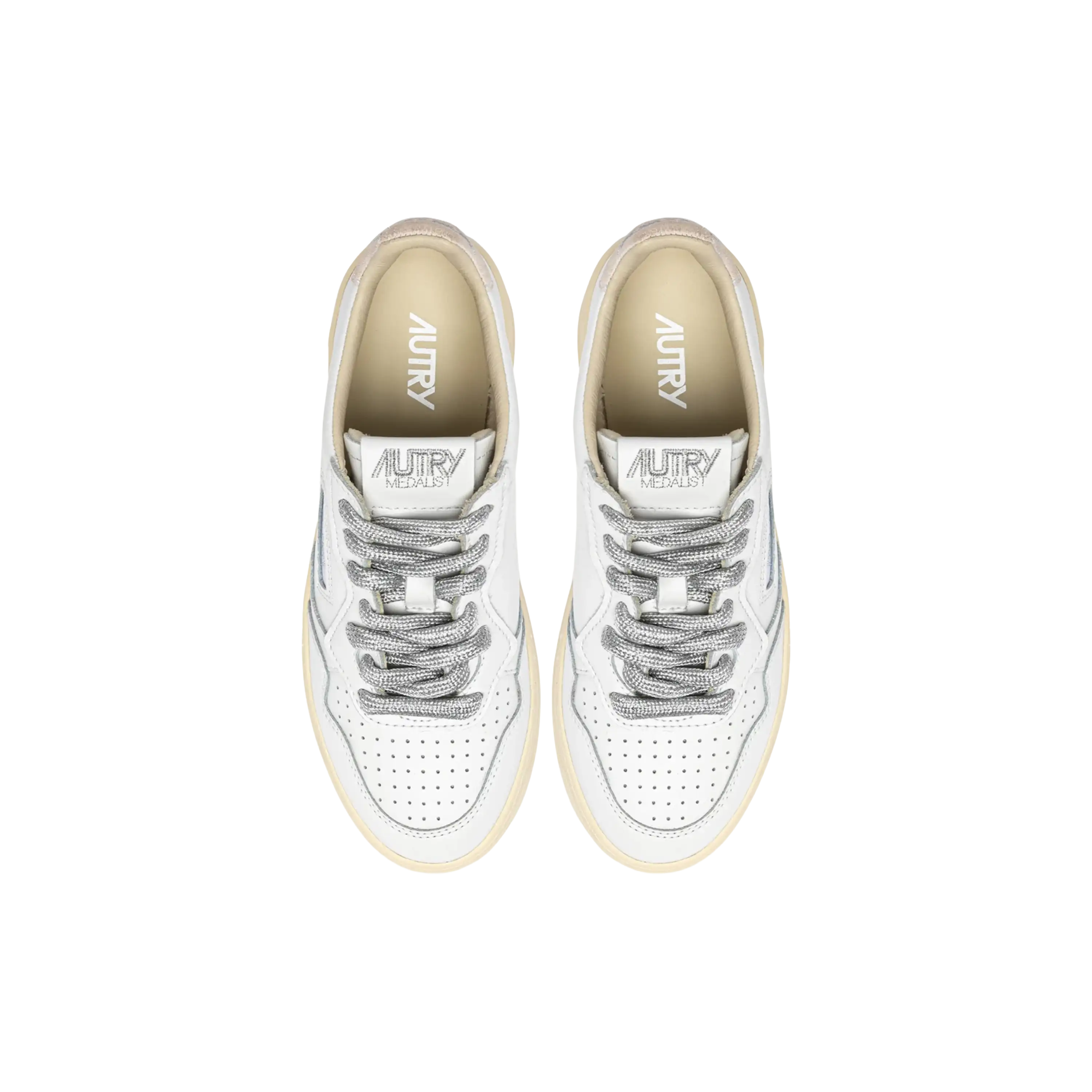 Autry Sneakers Medalist Low In White Leather With Silver-Tone Lurex Details